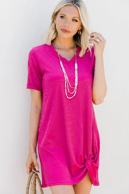 Women's Functional Outfit For Outdoor Activities Flowy Fabric Off To A Good Start Fuchsia Pink Ribbed T-shirt Dress