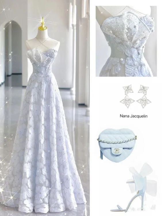 Women's Everyday Clothes Boho - Chic Festival - Ready Style Simple A Line Halter Sleeveless Light Sky Blue Lace Long Prom Dress C1179