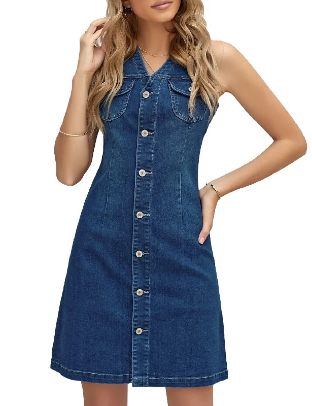 Women's Resort Apparel Feminine Elegant Women Sleeveless V Neck Button Down Frayed Hem Short Denim Dress