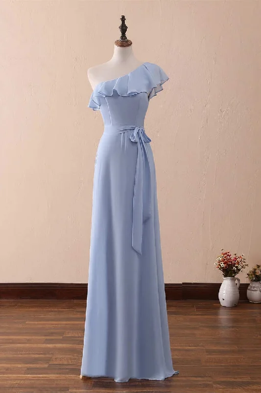 Women's Evening Clothes Elegant Ensemble Periwinkle One-Shoulder Ruffled A-Line Long Bridesmaid Dress