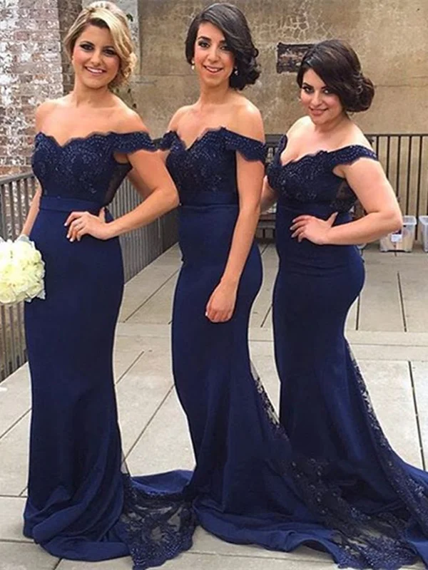 Women's High-Fashion Outfit Feminine Soft - Hued Look Sweetheart Neck Off Shoulder Mermaid Navy Blue Lace Prom Dresses, Navy Blue Lace Bridesmaid Dress, Formal Dress