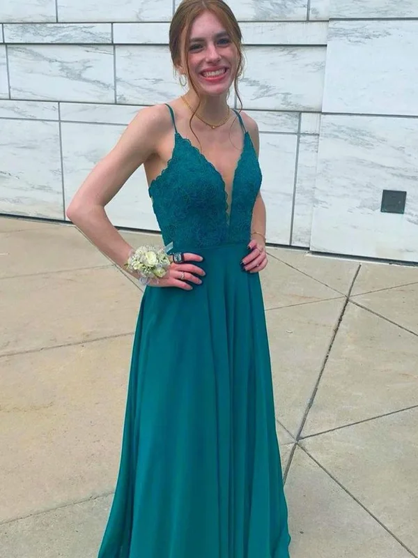 Women's Transitional Outfit Minimalist Office - Ready Style A Line V Neck Green Lace Chiffon Long Prom Dresses, Open Back Green Formal Graduation Evening Dresses, Green Lace Bridesmaid Dresses SP2383