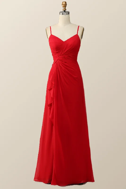 Women's Seasonal Garments Discounts on Casual Weekend Styles Straps Red Twisted Chiffon Long Bridesmaid Dress