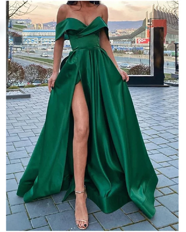 Women's High-Fashion Apparel Luxury Style Sexy Off the Shoulder Emerald Green Satin A Line Long Prom Dress with Slit Party Evening Gown