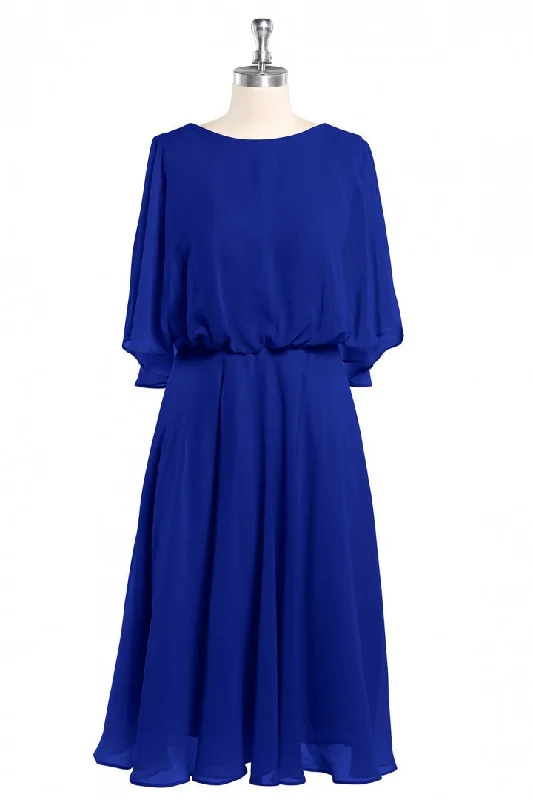 Plus-Size Women's Clothing Art Deco Geometric Pattern Look Royal Blue Long Sleeve Blouson-Style Bridesmaid Dress