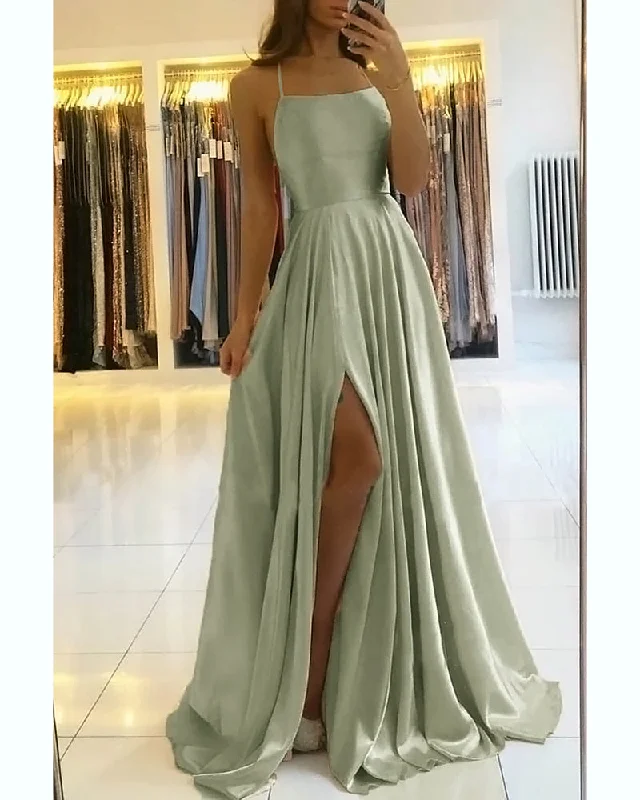 Women's Evening Apparel Disco - Inspired Retro Dance Look Stunning Satin A Line Slit Sage Green Prom Dresses   Hater Cross Back Formal Graduation Party Gown PL104102