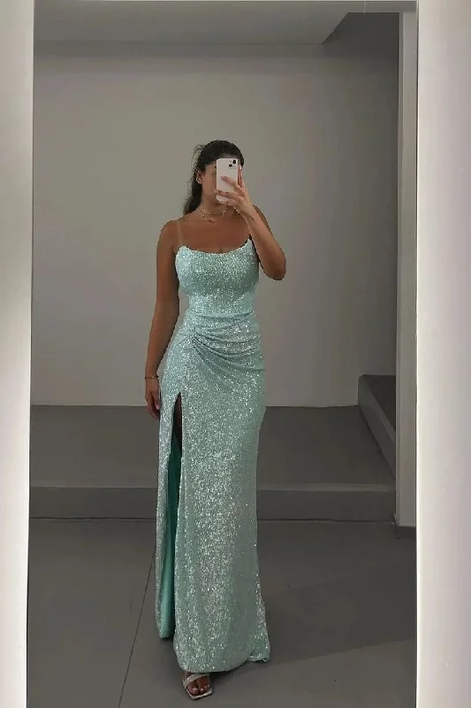 Women's High-Fashion Clothes Elevated Style Shinning Mint Sequins Sleeveless Spaghetti Strap Long Pleated Prom Dress with Split      cg25298