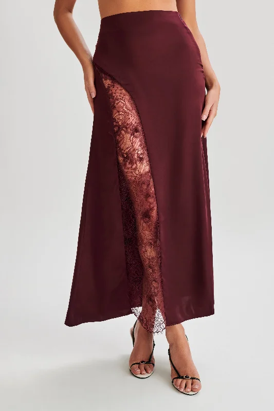 Timeless Women's Garments Sophisticated Cut Luella Satin Lace Maxi Skirt - Plum