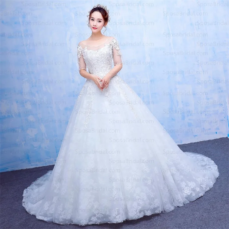 Casual Clothing For Women Refined Simplicity Long Half Sleeves Scoop A-Line Wedding Gown, beautiful Fashion New Arrival Wedding Dresses, WD0225