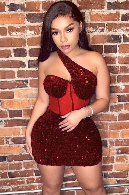 Stylish Women's Attire Romantic Detailing Sparkly One Shoulder Mesh Velvet Sequin Bodycon Party Mini Dress - Red