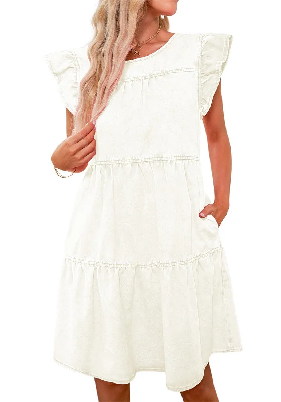 Women's Holiday Apparel Feminine Soft - Hued Look Brilliant White Women's Mini Denim Babydoll Sleeveless Ruffle Sleeve Pleated Dress