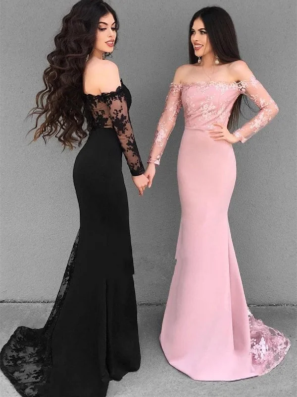 Women's Relaxed Outfit Fashion-Forward Style Off Shoulder Long Sleeves Mermaid Lace Black/Pink Prom Dresses, Lace Black Bridesmaid Dresses, Formal Dresses