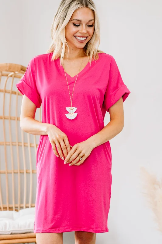 Women's Holiday Outfit Refined Look Everywhere You Go Fuchsia Pink T-shirt Dress