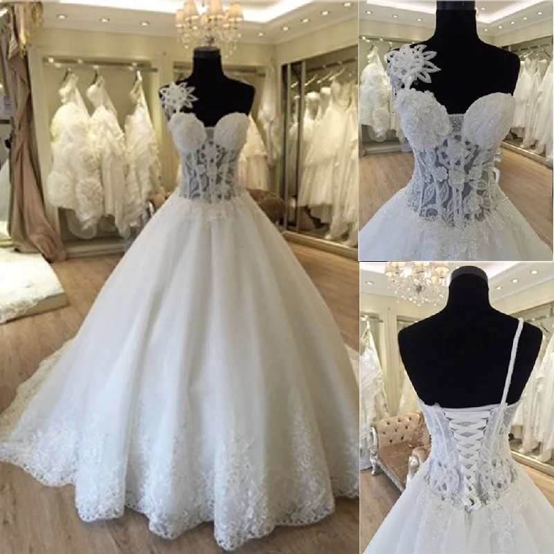 Stylish Women's Apparel Lightweight Fabric Unique Design One Shoulder See Through A-line Lace Tulle Wedding Dresses, WD0172