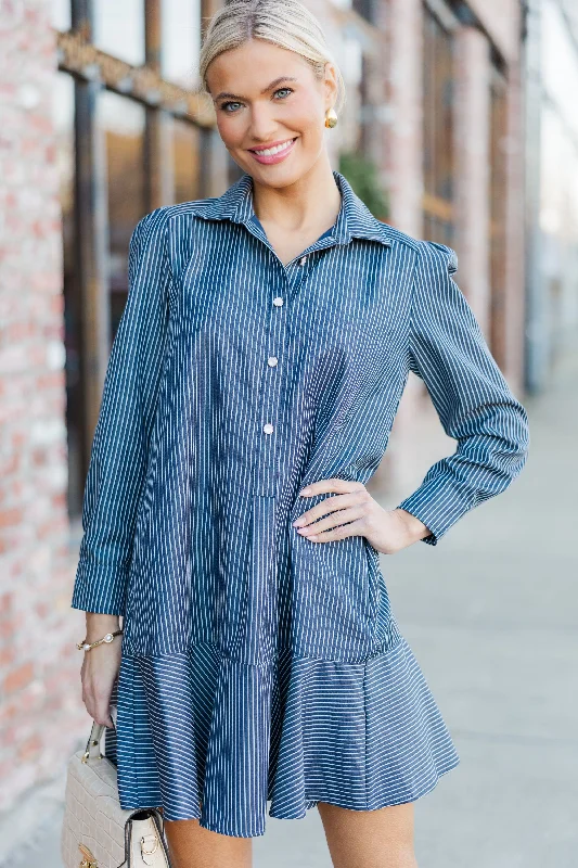 Women's Cozy Outfit For Lounging Luxe Layering Share Your Story Navy Striped Shirt Dress