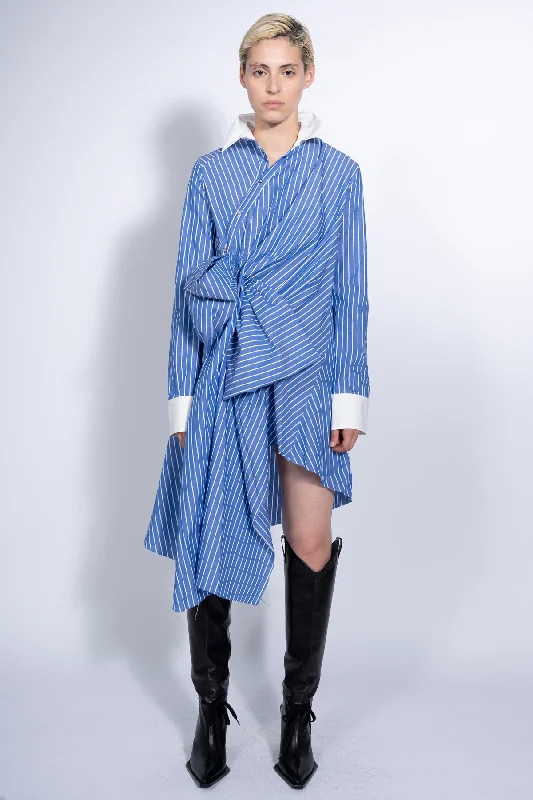 Women's Elegant Clothing Sets Bold Patterns BLUE STRIPED SHIRT DRESS WITH SIDE BOW