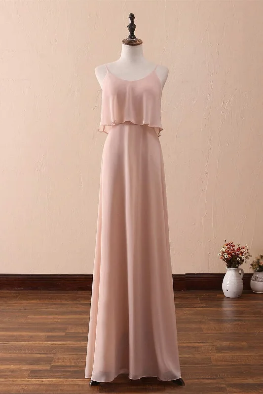 Women's Clothes For The Office Graceful Drape Blush Pink Spaghetti Strap Ruffled Long Bridesmaid Dress