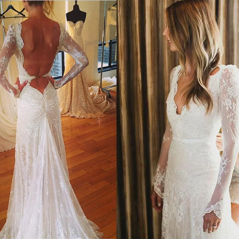 Women's Travel Garments Feminine Elegance Sexy V-neck Mermaid White Lace Tulle Wedding Dress, Long Sleeve Wedding Gown  ,WD0012