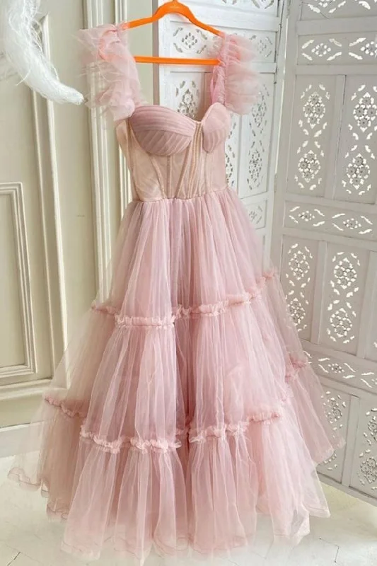 Affordable Luxury Women's Apparel Classic Timeless Elegant Style Ruffled Sleeves Tulle Prom Dress, Tiered Ruffled A-line Skirt, Bridesmaid Party Dress, Graduation Dress Y1246