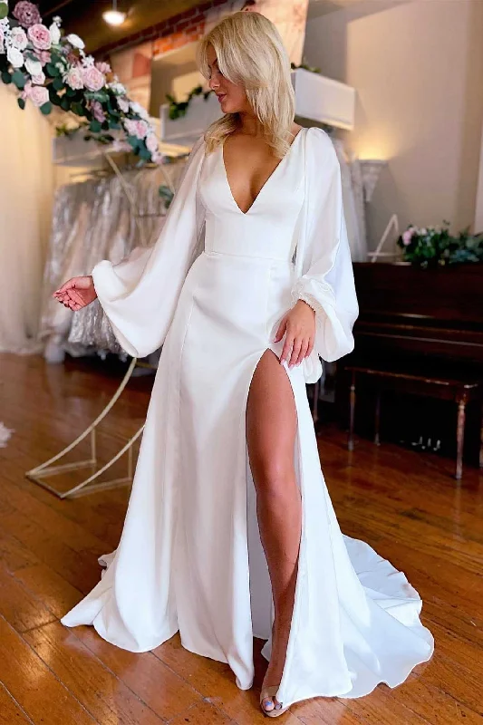 Women's Chic Apparel Early Access to Art Deco Styles Sale White V-Neck Long Sleeve Backless Long Wedding Dress with Slit