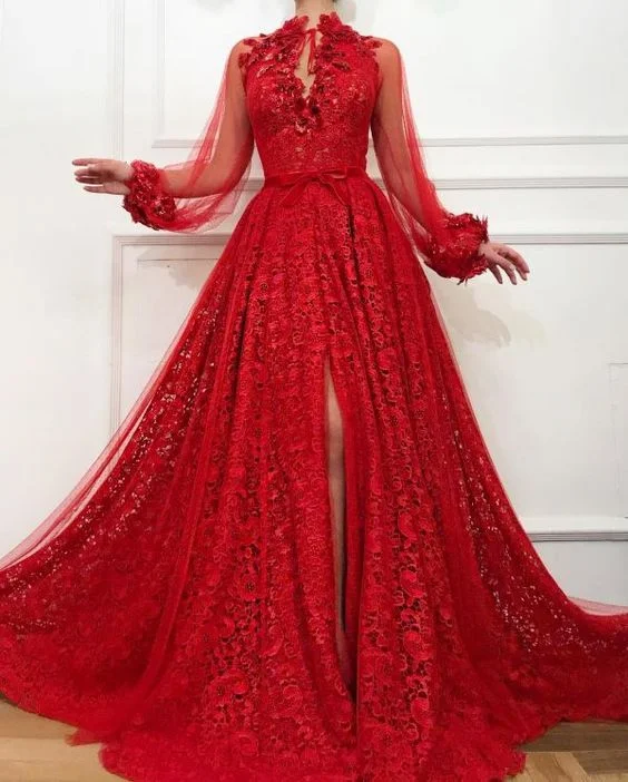 Stylish Women's Attire Dreamy Draping Split-Front Long Sleeves red Prom Dress   cg18513