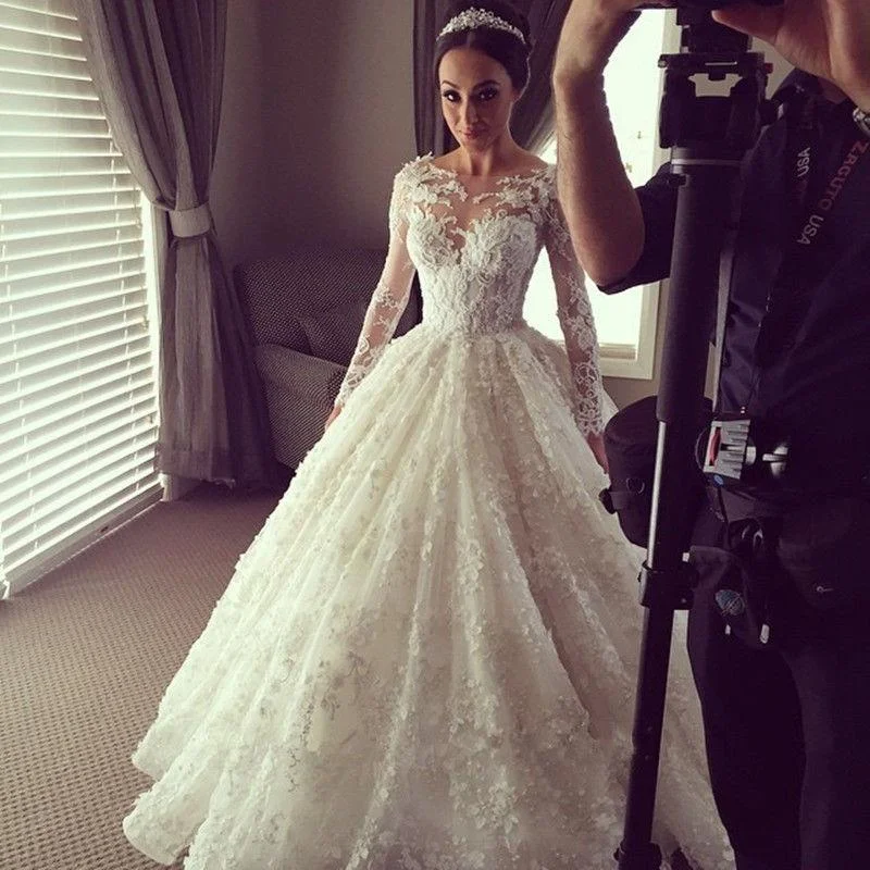 Women's Stylish Casual Garments Statement Piece Lace Appliques Long Sleeve Bridal Gown, Free Custom Unique Design High Quality Wedding Dresses,WD0252