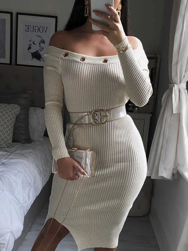 Women's Vintage Attire Vintage Retro Party Wear Knitted Off Shoulder Bodycon Dress - Beige