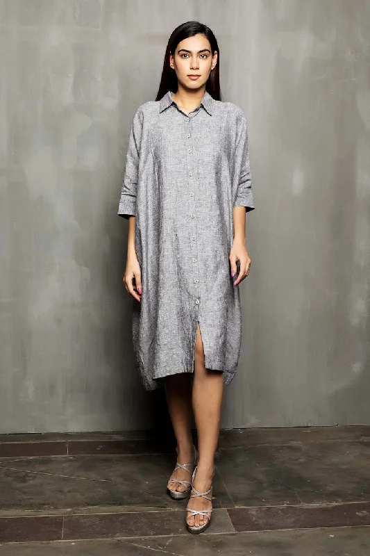 Women's Office Outfit Final Clearance VRISHANK - Grey Linen Shirt Dress