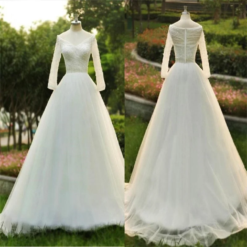 Women's Vintage Garments Bold Silhouette Long sleeves V Neck Sequin A-line New Design Custom Popular Wedding Dress, bridals dress, WD0251