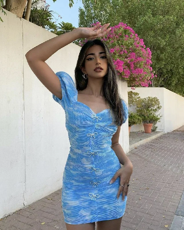 Women's Plus-Size Outfit Sophisticated Cut Blue Tie-dye Bodycon Dress Chic Homecoming Dress Y2687