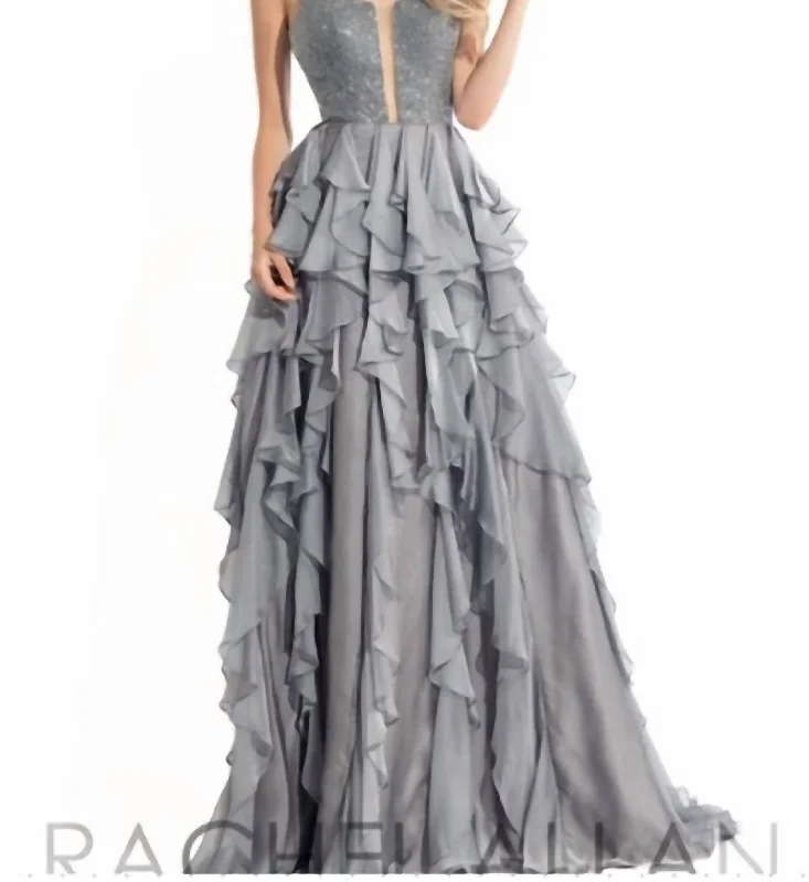 Women's Weekend Outfit Refined Look Ruffle Gown In Platinum