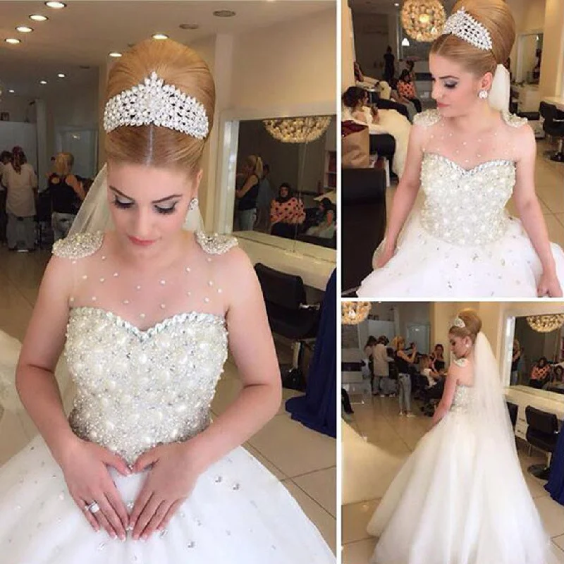 Women's Stylish Casual Garments Subtle Sophistication Popular Cheap Luxury Rhinestone Illusion Beaded Tulle Wedding Party Dresses, WD0010