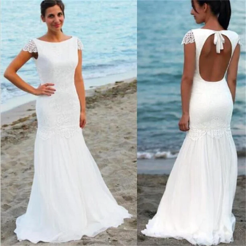 Charming Women's Holiday Apparel Classic Timeless Elegant Style Lace Beach Open Back Cap Sleeves Scoop Custom Handmade Wedding Dresses,  WD0230