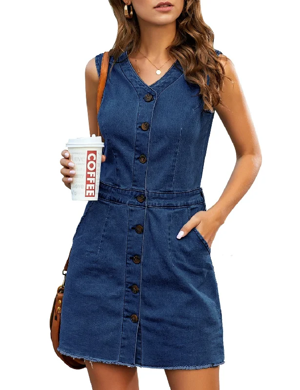 Women's Stylish Professional Apparel Flowing Silhouette Women Sleeveless V Neck Button Down Frayed Hem Short Denim Dress