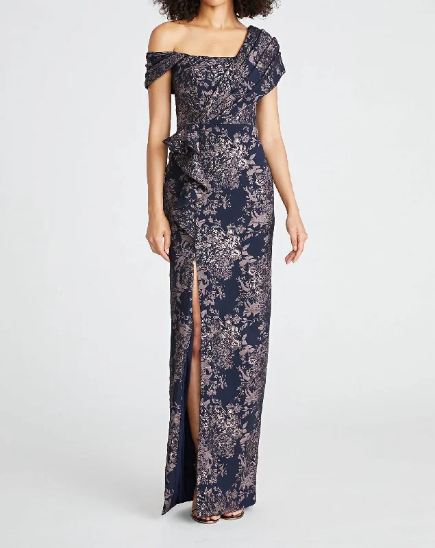 Women's Clothing Luxury Comfort Amaris Jacquard Column Gown In Nautical Navy / Rose Gold