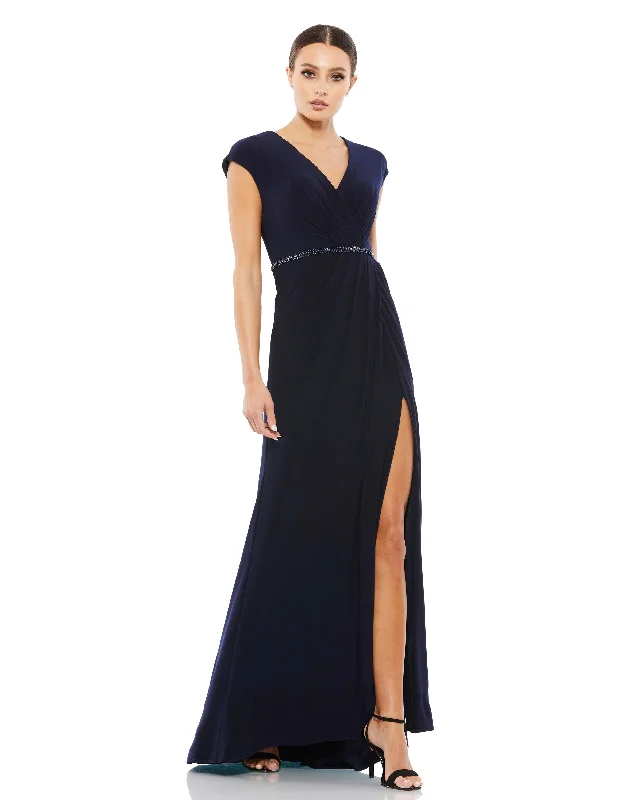 High-Fashion Women's Clothing Elegant Contour Faux Wrap V-Neck Cap Sleeve Gown