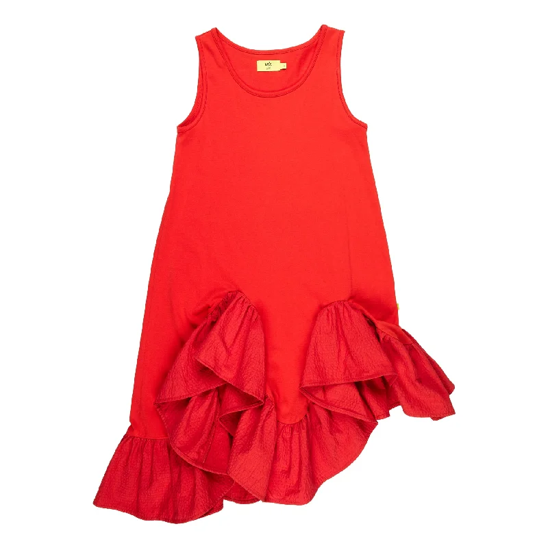 Women's Athleisure Apparel Feminine Soft - Hued Styles RED SLEEVELESS FLOUNCE DRESS