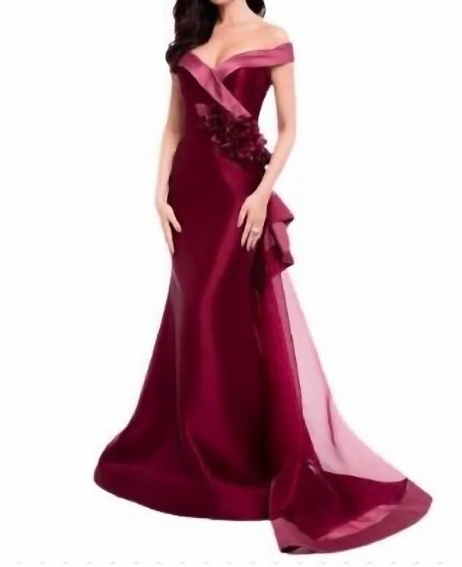 Women's Wardrobe Apparel Elevated Style Off The Shoulder Gown In Wine Mauve