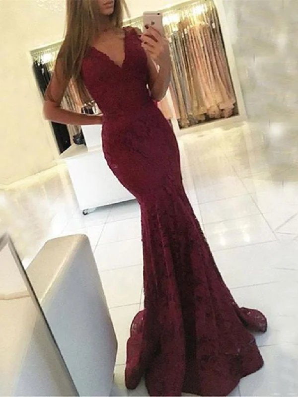 Women's Classic Outfit Boho - Chic Festival - Ready Style Burgundy V Neck Mermaid Lace Prom Dress, Mermaid Formal Dress, Lace Bridesmaid Dress