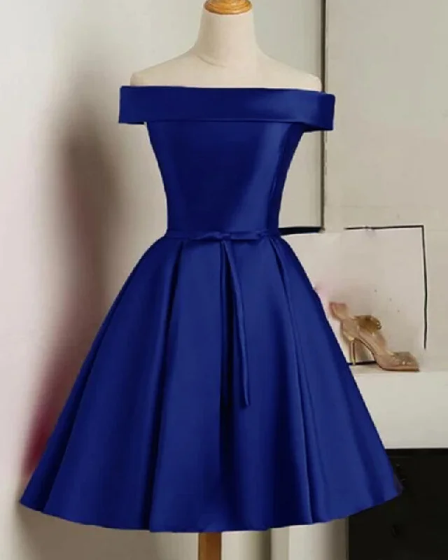 Women's Professional Apparel Chic Sophistication Off shoulder Satin A Line Royal Blue Short Homecoming Dress SP0822