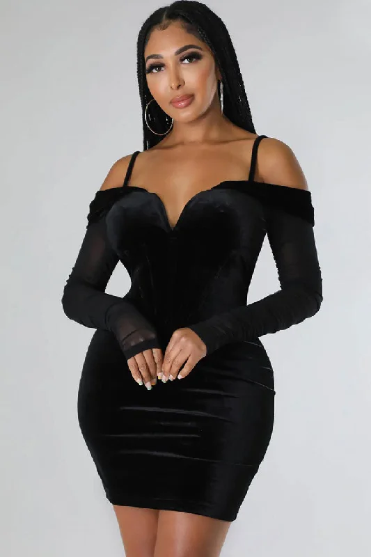 Stylish And Comfortable Clothing For Women Final Clearance Sexy Deep V Sheer Sleeve Velvet Bodycon Corset Party Mini Dress - Black