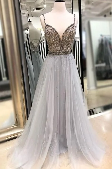 Timeless Women's Clothes Ethnic Cultural Event Wear Charming Spaghetti Straps Tulle Long Prom Dresses, Sexy Sleeveless Beads Evening Dress   cg5577