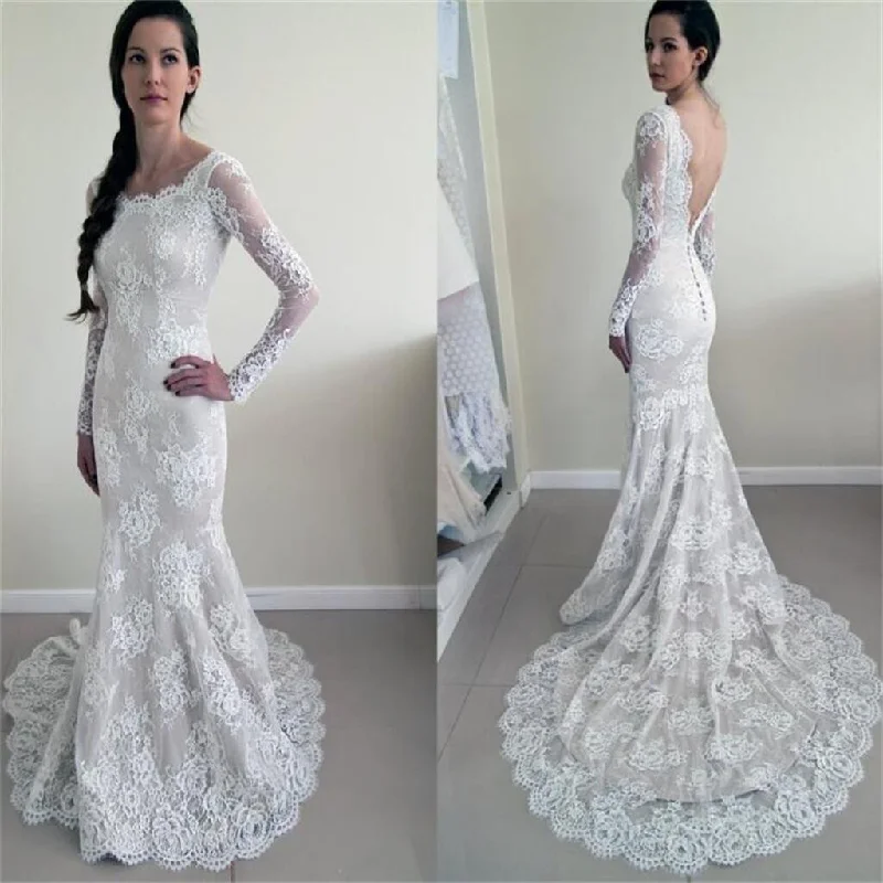 Women's Casual Apparel For Weekends Vintage Retro Party Wear Long Sleeves Lace V-Back Elegant New Design Mermaid With Train Wedding Dresses,  WD0231