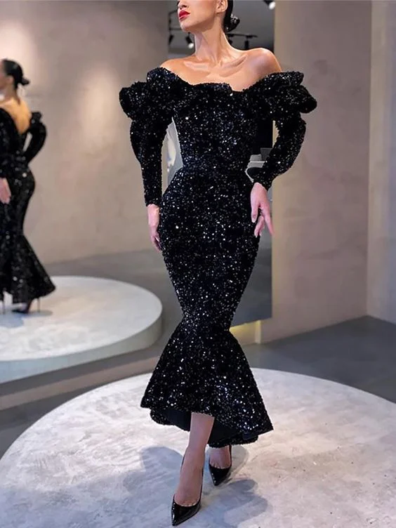 Women's Chic Outerwear Garments Flowy Fabric Modern Mermaid Long Sleeves Sequin Long Prom Evening Dresses   cg16468