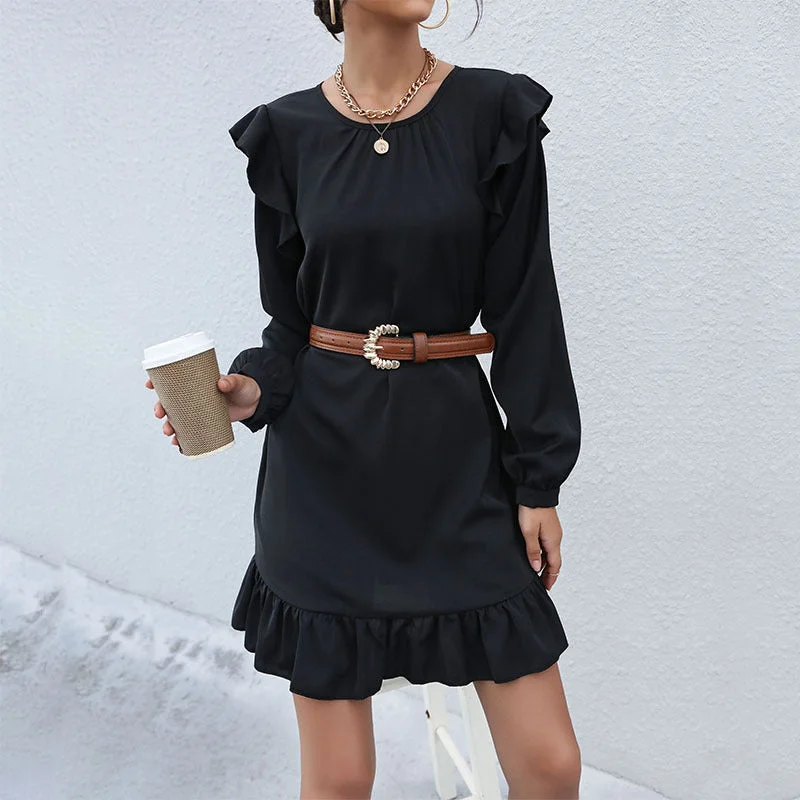 Women's Trendy Garments Modern Romance IKEARLAX   Autumn  Women's Clothing Loose Black Long Sleeve Crew Neck Pullover Ruffle Dress