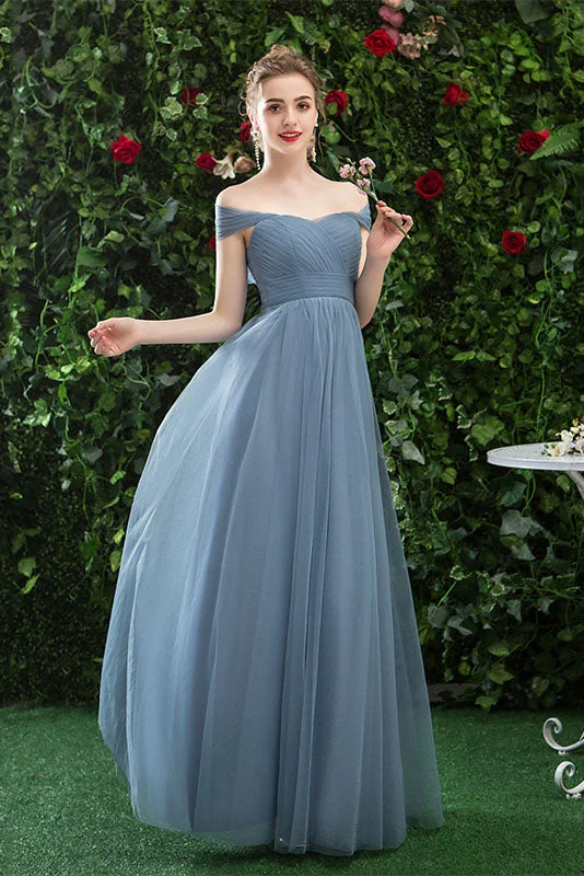 Women's Vintage-Inspired Outfit Subtle Sophistication A Line Off the Shoulder Pleats Long Bridesmaid Dresses N2323