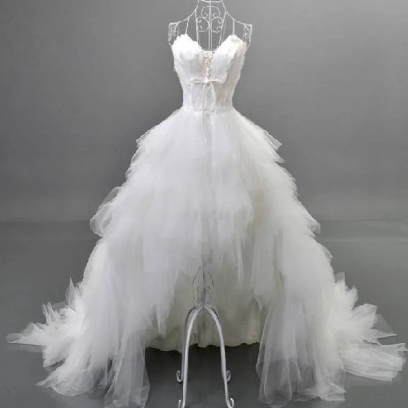 Casual Clothing For Women Feminine Flow Unique Style Hi-low Sweetheart White Tulle Spaghetti Wedding Dresses With Feather, WD0067