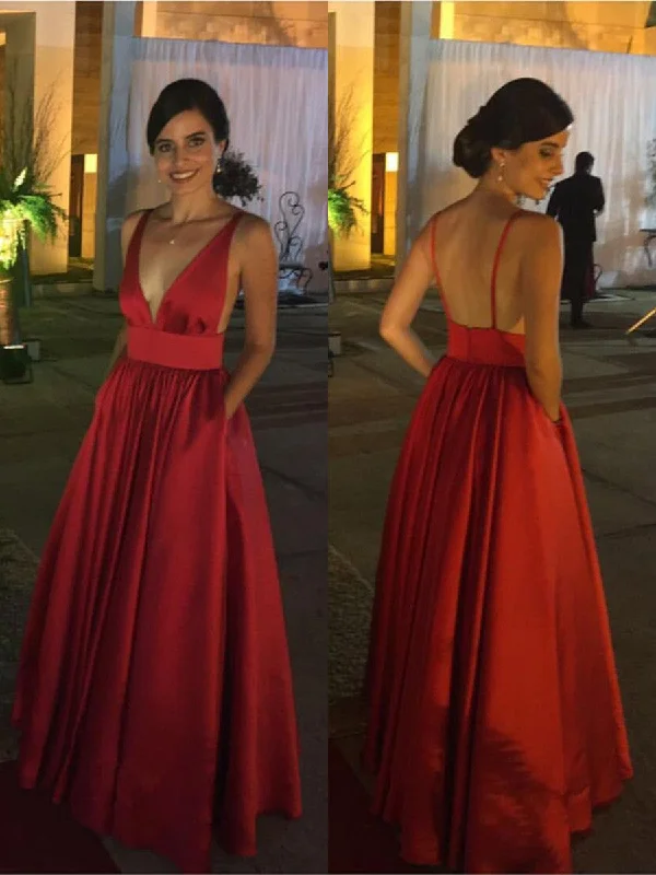 Women's Office Clothing Feminine Allure Burgundy A Line Deep V Neck Backless Satin Long Prom Dresses, Burgundy Formal Dresses, Burgundy Bridesmaid Dresses