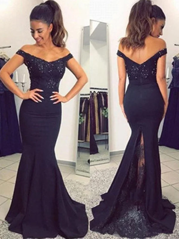 Women's Vacation Outfit Set Playful Elegance Navy Blue Off Shoulder Lace Mermaid Prom Dress, Mermaid Lace Formal Dress, Lace Evening Dress, Navy Blue Bridesmaid Dress