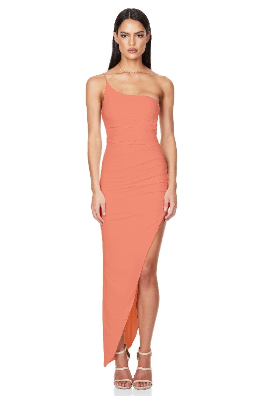 Fashionable Women's Clothing Romantic Detailing Nookie Aria One Shoulder Gown - Melon